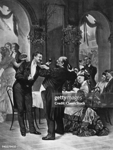 1800s 1850s BOLZ MEETING DRINKING WITH MERCHANT PIEPENBRINK AT BALL PARTY FROM FREYTAGS THE JOURNALISTS REPORTER