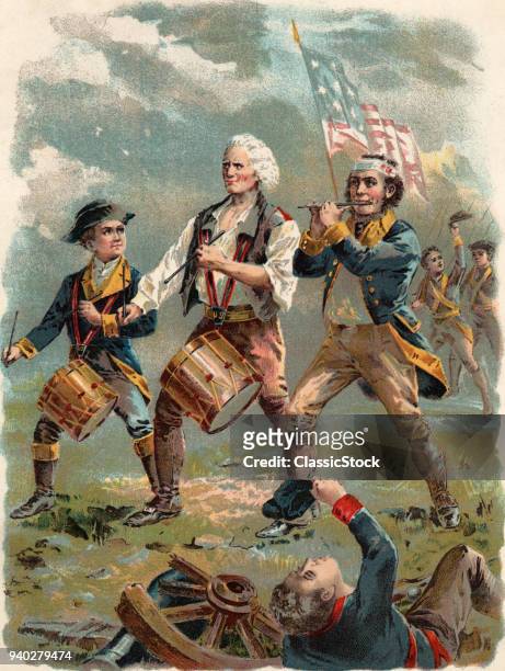1770s 1776 THE OLD CONTINENTALS VERSION OF SPIRIT OF 76 DRUMMER PIPER FLAG COLOR HALFTONE BY ARCHIBALD MACNEAL WILLARD