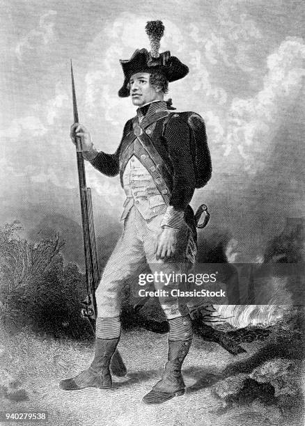 1770s ILLUSTRATION DEPICTING FULL LENGTH FIGURE OF SOLDIER FROM CONTINENTAL ARMY OF AMERICAN REVOLUTION