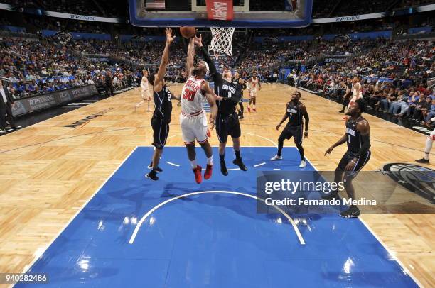 Noah Vonleh of the Chicago Bulls handles the ball against the Orlando Magic on March 30, 2018 at Amway Center in Orlando, Florida. NOTE TO USER: User...