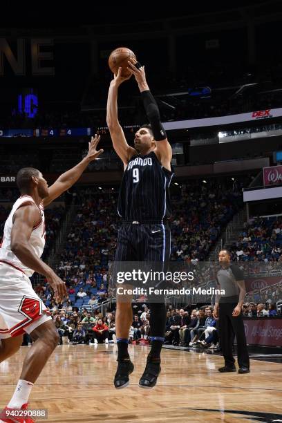 Nikola Vucevic of the Orlando Magic shoots the ball against the Chicago Bulls on March 30, 2018 at Amway Center in Orlando, Florida. NOTE TO USER:...