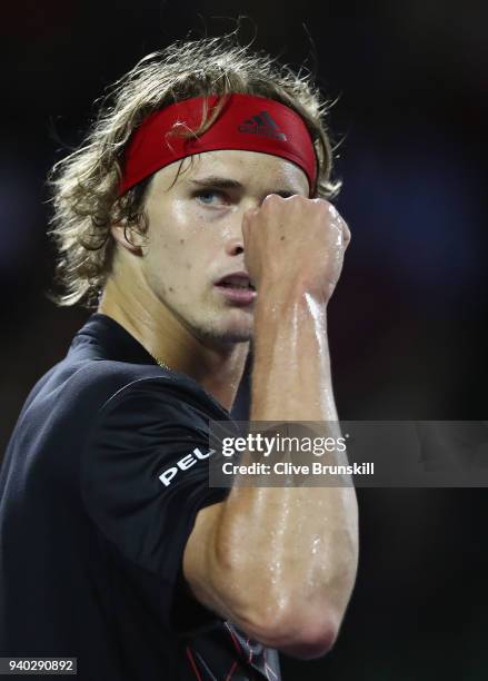 Alexander Zverev of Germany celebrates a point against Pablo Carreno Busta of Spain in their semifinal match during the Miami Open Presented by Itau...