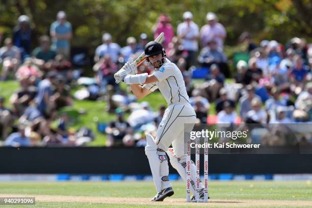 Kane Williamson of New Zealand bats during day two of the Second Test match between New Zealand and England at Hagley Oval on March 31, 2018 in...