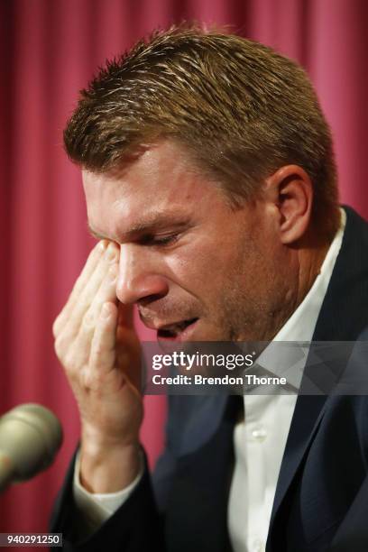 Australian cricketer David Warner breaks down during a press conference at Cricket NSW Offices on March 31, 2018 in Sydney, Australia. Warner was...