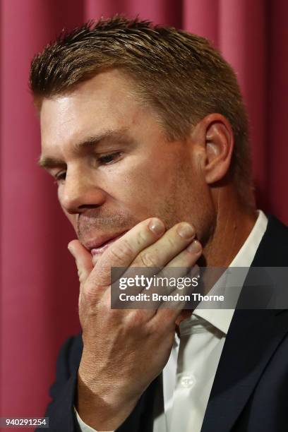 Australian cricketer David Warner breaks down during a press conference at Cricket NSW Offices on March 31, 2018 in Sydney, Australia. Warner was...