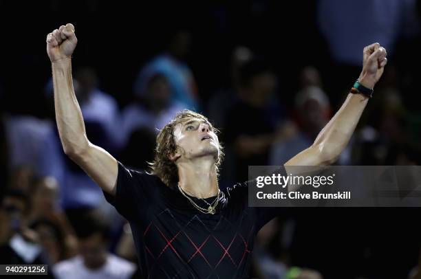 Alexander Zverev of Germany celebrates after his straight sets victory against Pablo Carreno Busta of Spain in their semifinal match during the Miami...