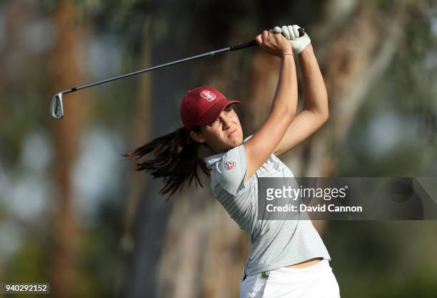 Albane Valenzuela of Switzerland an amateur from Stanford University plays her tee shot on the par 3, fifth hole during the second round of the 2018...