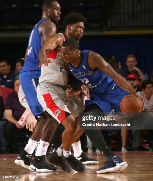 Hidalgo, TX Jalen Jones of the Texas Legends drives the ball on Julien Lewis of the Rio Grande Valley Vipers during Round One of the NBA G-League...