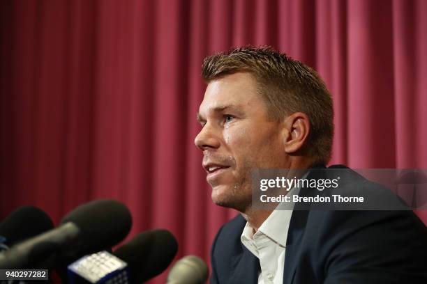 Australian cricketer David Warner speaks to the media during a press conference at Cricket NSW Offices on March 31, 2018 in Sydney, Australia. Warner...