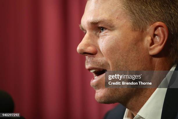 Australian cricketer David Warner speaks to the media during a press conference at Cricket NSW Offices on March 31, 2018 in Sydney, Australia. Warner...