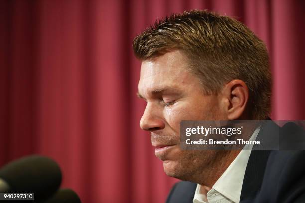 Australian cricketer David Warner speaks to the media during a press conference at Cricket NSW Offices on March 31, 2018 in Sydney, Australia. Warner...