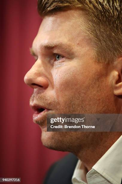 Australian cricketer David Warner speaks to the media during a press conference at Cricket NSW Offices on March 31, 2018 in Sydney, Australia. Warner...