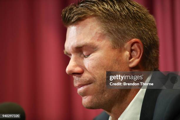Australian cricketer David Warner speaks to the media during a press conference at Cricket NSW Offices on March 31, 2018 in Sydney, Australia. Warner...