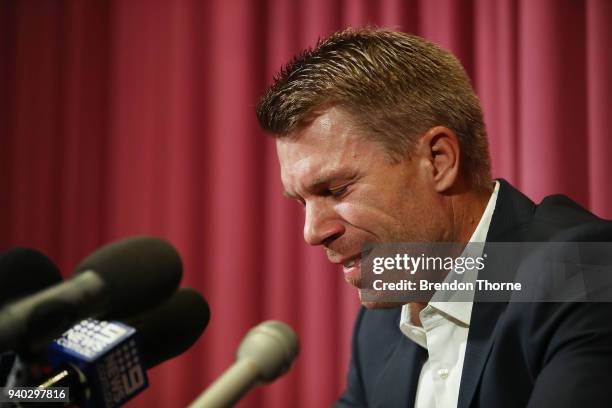 Australian cricketer David Warner speaks to the media during a press conference at Cricket NSW Offices on March 31, 2018 in Sydney, Australia. Warner...