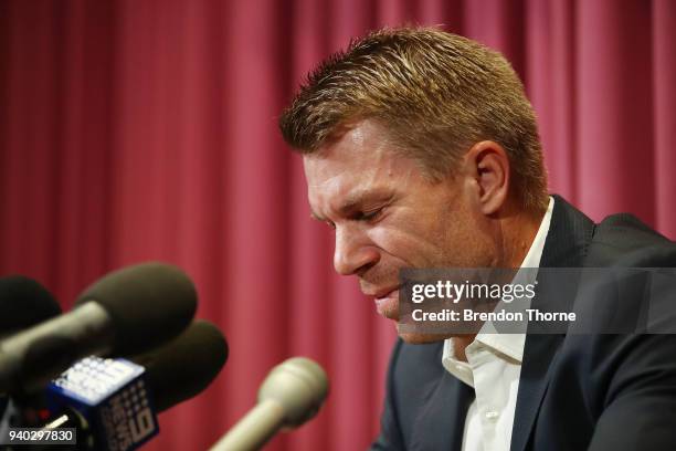 Australian cricketer David Warner speaks to the media during a press conference at Cricket NSW Offices on March 31, 2018 in Sydney, Australia. Warner...