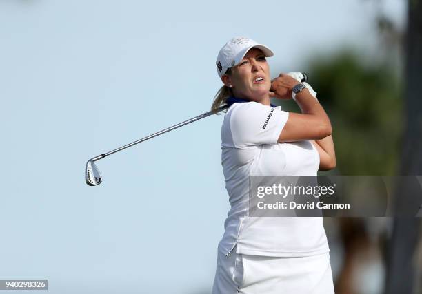 Cristie Kerr of the United States plays her tee shot on the par 3, fifth hole during the second round of the 2018 ANA Inspiration on the Dinah Shore...