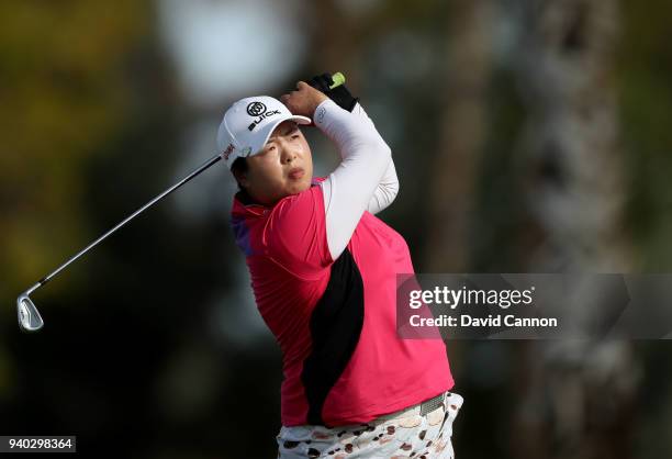 Shanshan Feng of China plays her tee shot on the par 3, fifth hole during the second round of the 2018 ANA Inspiration on the Dinah Shore Tournament...