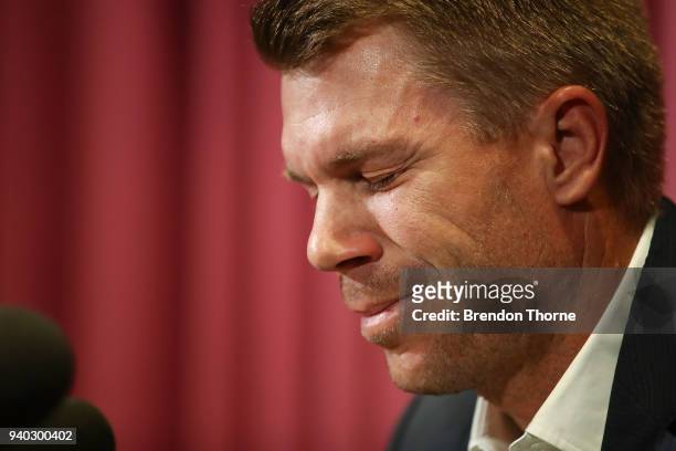 Australian cricketer David Warner breaks down during a press conference at Cricket NSW Offices on March 31, 2018 in Sydney, Australia. Warner was...