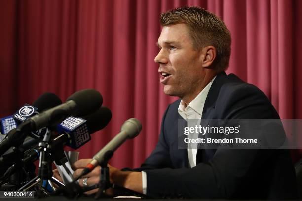 Australian cricketer David Warner speaks to the media during a press conference at Cricket NSW Offices on March 31, 2018 in Sydney, Australia. Warner...