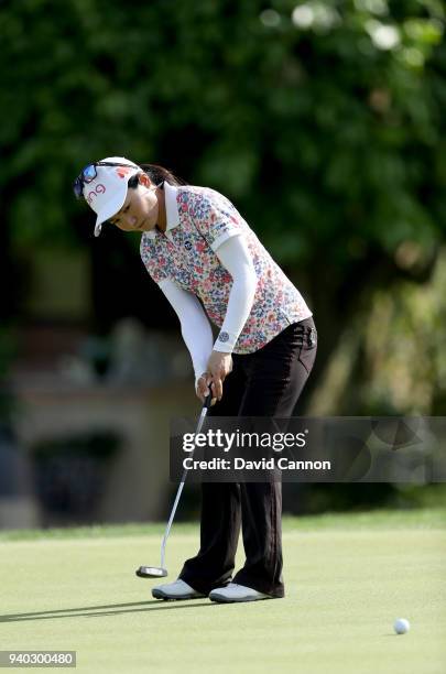 Ayako Uehara of Japan putts on the par 4, 16th hole during the second round of the 2018 ANA Inspiration on the Dinah Shore Tournament Course at...