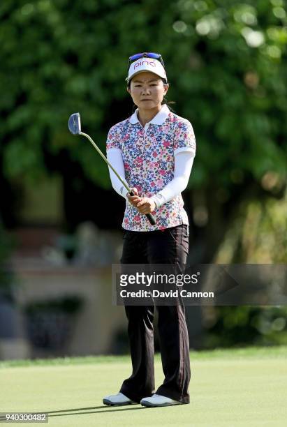 Ayako Uehara of Japan putts on the par 4, 16th hole during the second round of the 2018 ANA Inspiration on the Dinah Shore Tournament Course at...