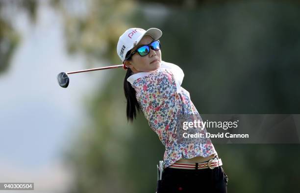 Ayako Uehara of Japan plays her tee shot on the par 3, 17th hole during the second round of the 2018 ANA Inspiration on the Dinah Shore Tournament...