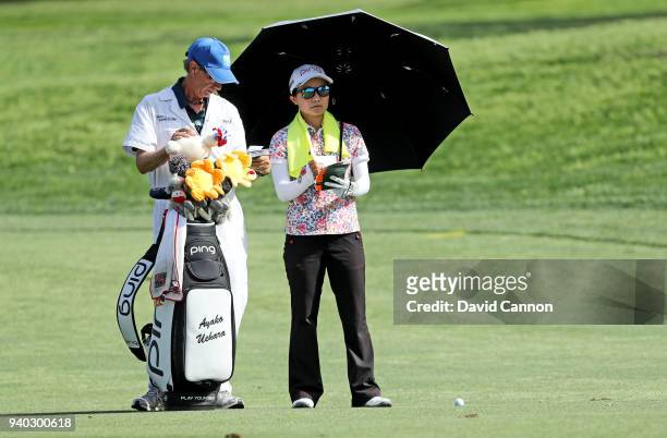 Ayako Uehara of Japan waits to play her second shot on the par 4, 16th hole during the second round of the 2018 ANA Inspiration on the Dinah Shore...