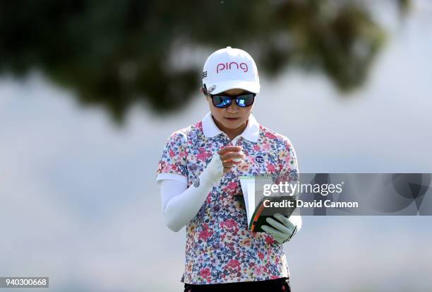 Ayako Uehara of Japan prepares to play her tee shot on the par 3, 17th hole during the second round of the 2018 ANA Inspiration on the Dinah Shore...