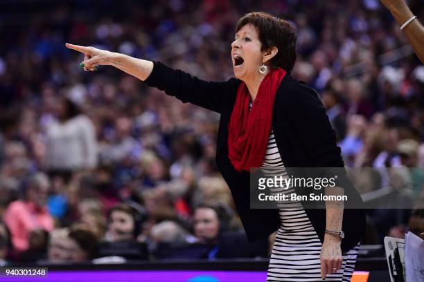 Notre Dame Fighting Irish head coach Muffet McGraw instructs her team against Connecticut during a semifinal game of the 2018 NCAA Photos via Getty...