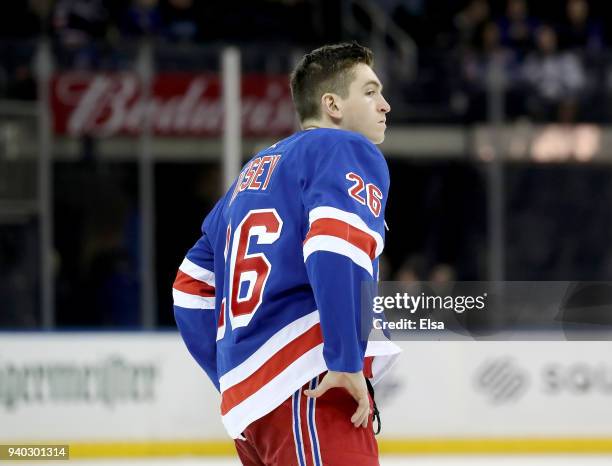 Jimmy Vesey of the New York Rangers reacts to the loss to the Tampa Bay Lightning on March 30, 2018 at Madison Square Garden in New York City.