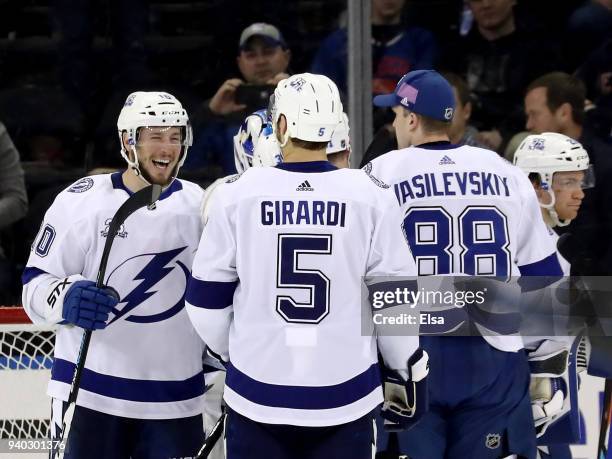 Miller and Dan Girardi of the Tampa Bay Lightning celebrate the win over the New York Rangers on March 30, 2018 at Madison Square Garden in New York...