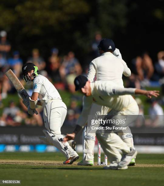 New Zealand batsman BJ Watling sweeps to pick up some runs past slip Ben Stokes during day two of the Second Test Match between the New Zealand Black...