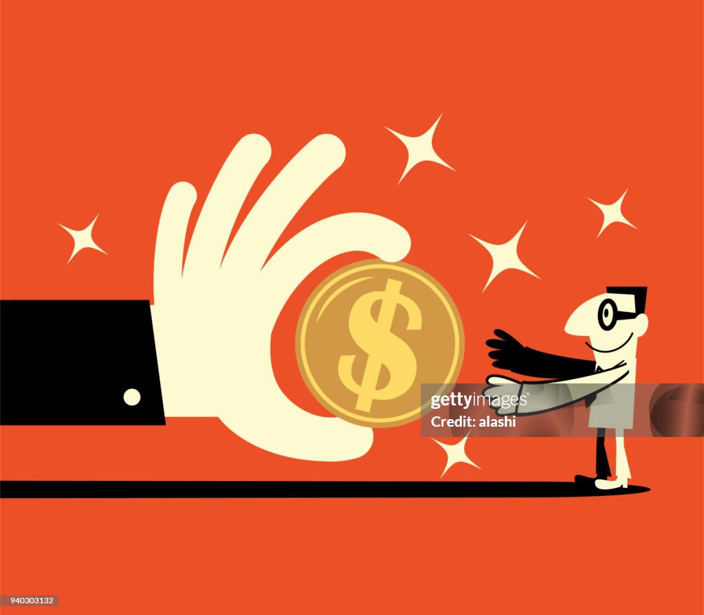 Big hand giving a big dollar sign currency money to a smiling businessman (banking payment, lottery, perks, wages)