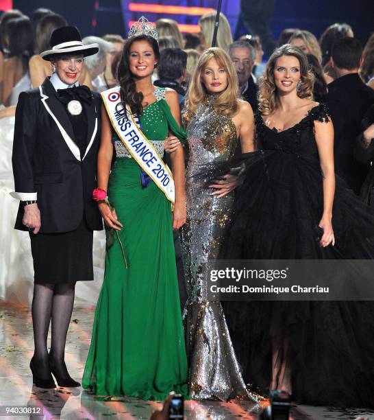 Genevieve de Fontenay, newly crowned Miss France 2010 Malika Menard, actress Ariel Dombasle and Miss France 2002 Sylvie Tellier pose during the Miss...