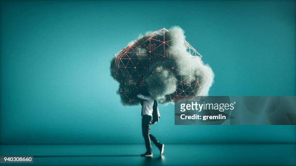 humoristische mobiele cloud computing-conceptuele afbeelding - ingewikkeldheid stockfoto's en -beelden
