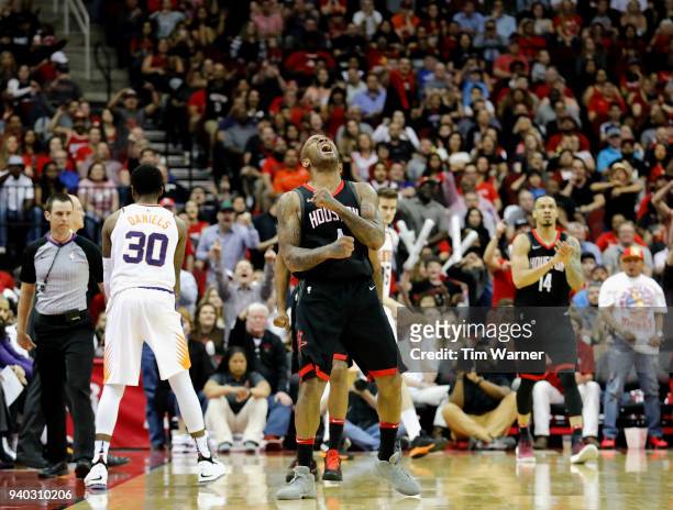 Tucker of the Houston Rockets celebrates after a three point shot in the second half at Toyota Center on March 30, 2018 in Houston, Texas. NOTE TO...