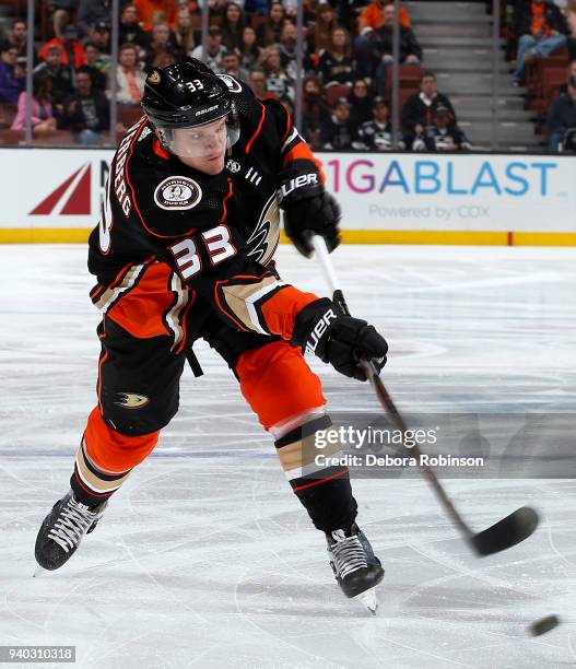 Jakob Silfverberg of the Anaheim Ducks releases a shot during the game against the Los Angeles Kings on March 30, 2018 at Honda Center in Anaheim,...