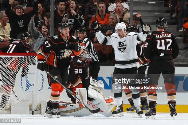 Tanner Pearson of the Los Angeles Kings celebrates a goal in the first period against Hampus Lindholm, John Gibson, and Josh Manson of the Anaheim...