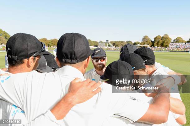 Kane Williamson of New Zealand speaks to his team mates during day two of the Second Test match between New Zealand and England at Hagley Oval on...