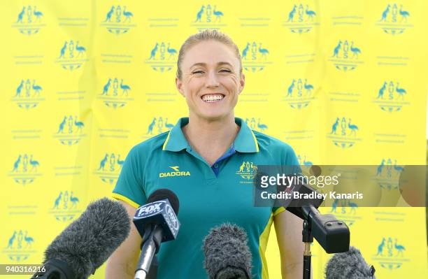 Sally Pearson attends a press conference as the Australian Athletics team continue preparations at Nudgee College Athletics ahead of the 2018 Gold...
