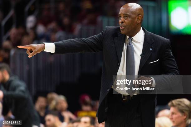 Interim head coach Larry Drew of the Cleveland Cavaliers signals to his players during the first half against the New Orleans Pelicans at Quicken...