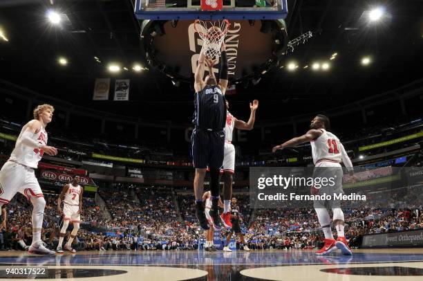 Nikola Vucevic of the Orlando Magic handles the ball against the Chicago Bulls on March 30, 2018 at Amway Center in Orlando, Florida. NOTE TO USER:...