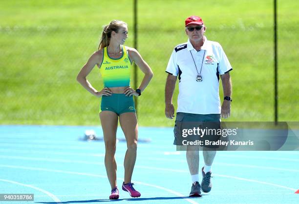 Anneliese Rubie chats with her coach as the Australian Athletics team continue preparations at Nudgee College Athletics ahead of the 2018 Gold Coast...