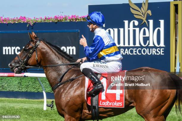 Beau Mertens returns to the mounting yard on Miss Vixen after winning the Bert Bryant Handicap, at Caulfield Racecourse on March 31, 2018 in...