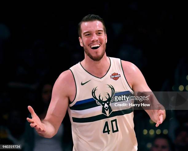 Marshall Plumlee of the Milwaukee Bucks reacts to his foul during the first half against the Los Angeles Lakers at Staples Center on March 30, 2018...
