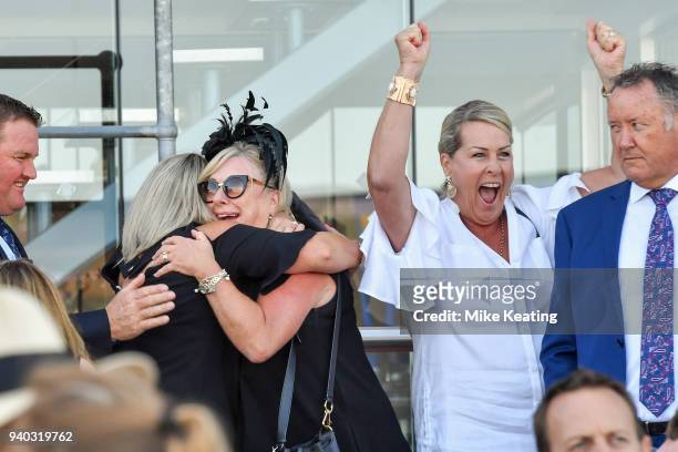 Connections of Miss Vixen celebrate after winning the Bert Bryant Handicap, at Caulfield Racecourse on March 31, 2017 in Caulfield, Australia.