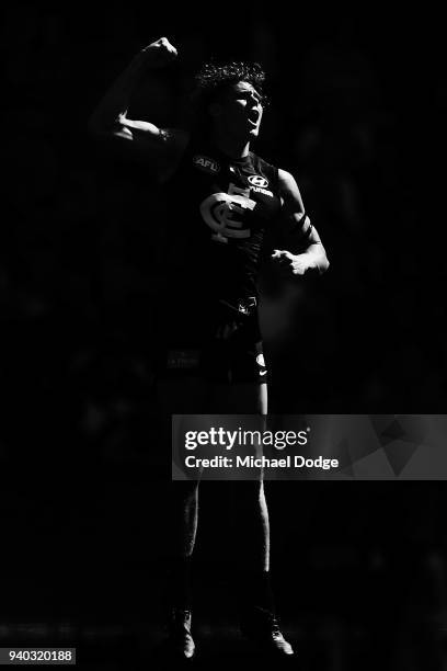 Charlie Curnow of the Blues celebrates a goal during the round two AFL match between the Carlton Blues and the Gold Coast Suns at Etihad Stadium on...