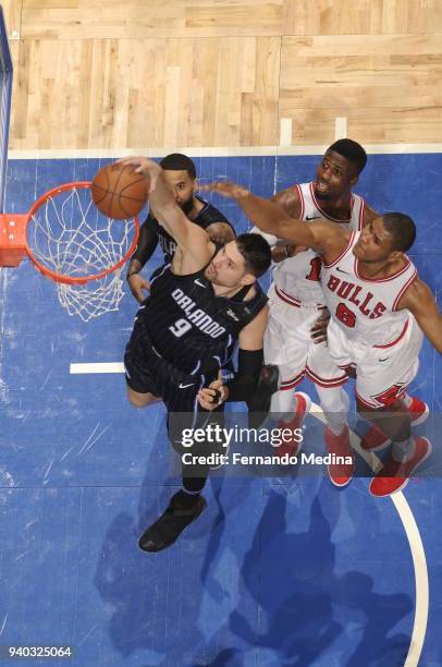 Nikola Vucevic of the Orlando Magic shoots the ball against the Chicago Bulls on March 30, 2018 at Amway Center in Orlando, Florida. NOTE TO USER:...