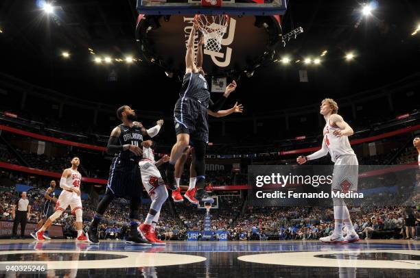 Nikola Vucevic of the Orlando Magic shoots the ball against the Chicago Bulls on March 30, 2018 at Amway Center in Orlando, Florida. NOTE TO USER:...