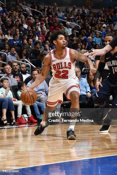 Cameron Payne of the Chicago Bulls handles the ball against the Orlando Magic on March 30, 2018 at Amway Center in Orlando, Florida. NOTE TO USER:...